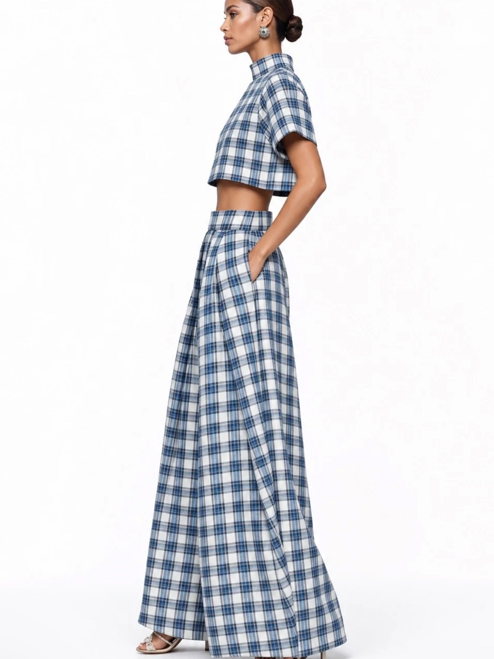 Plaid Wide-Leg High-Waist Pants in Blue and White - Picture 2 of 3